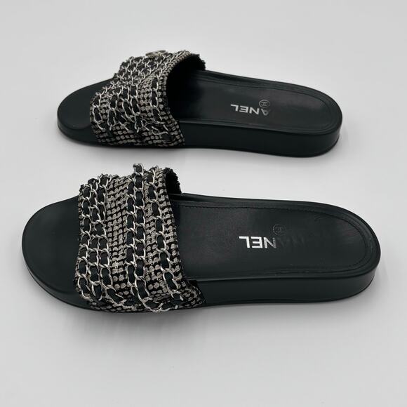 Chanel CC Chain Slide Sandals Flat Canvas Slip On Shoes Black Tweed Size 38 - Picture 7 of 14